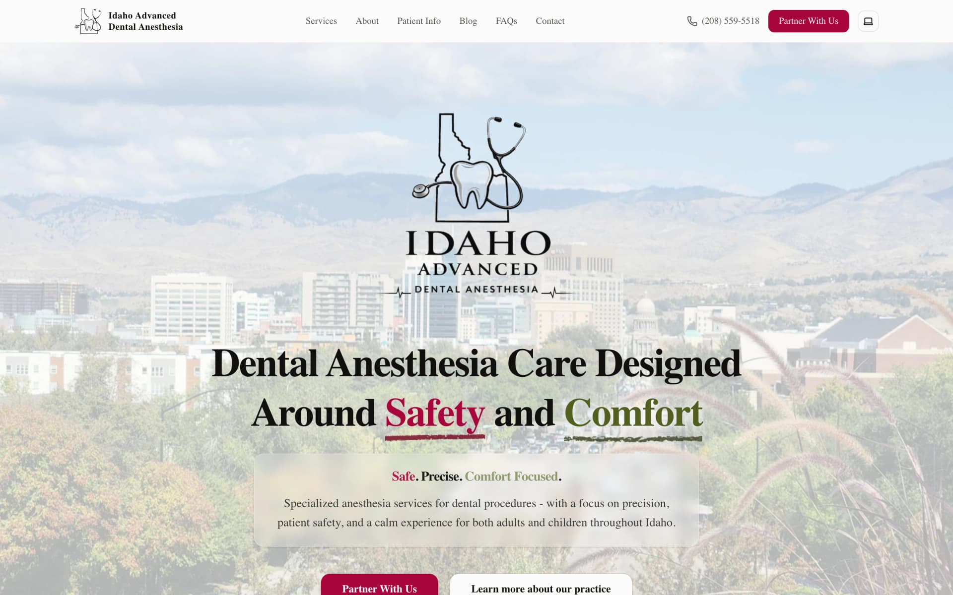 Idaho Advanced Dental Anesthesia homepage with Boise skyline and practice logo
