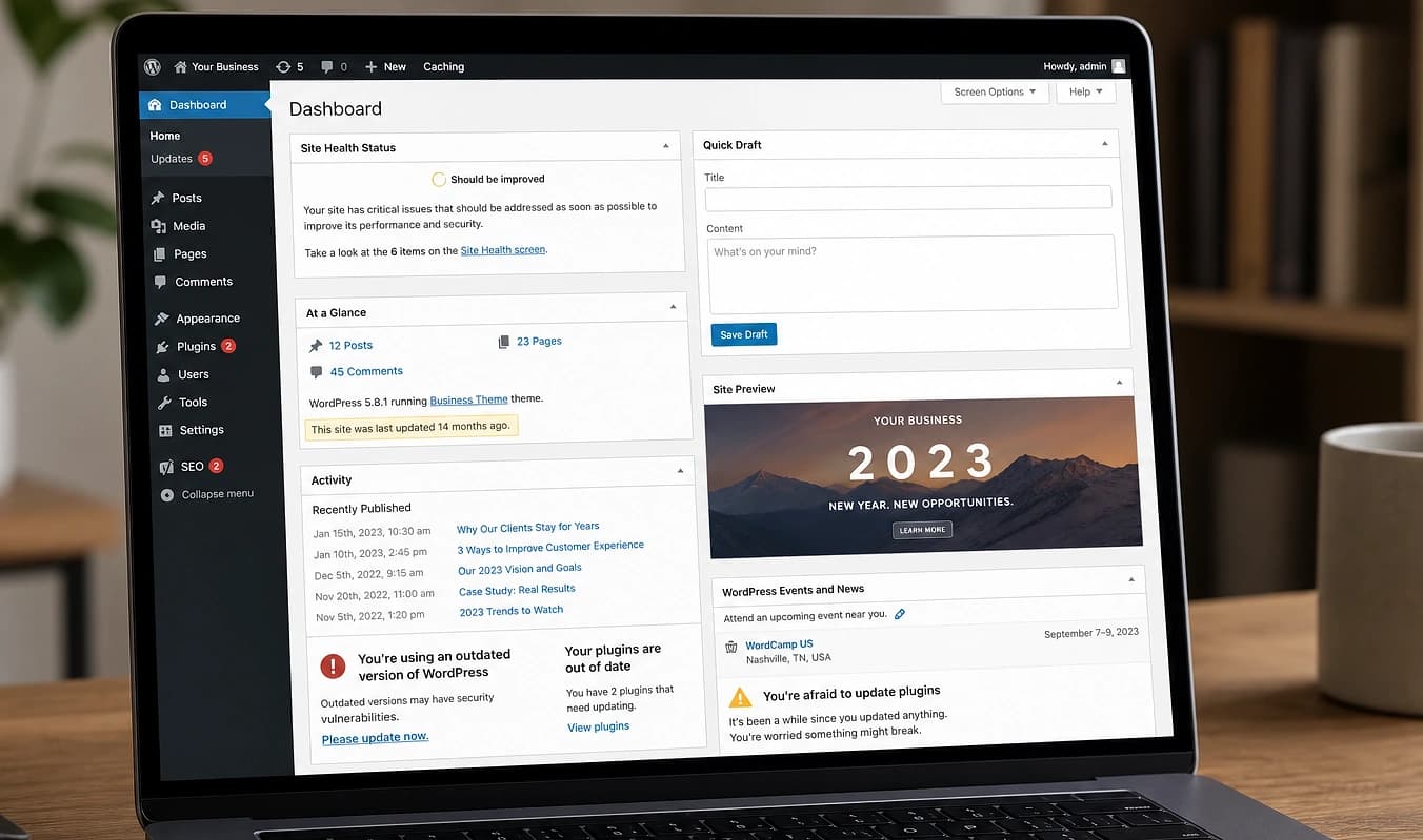 Configuración típica: actualizaciones detenidas y un sitio sin cambios por miedo a romper plugins.