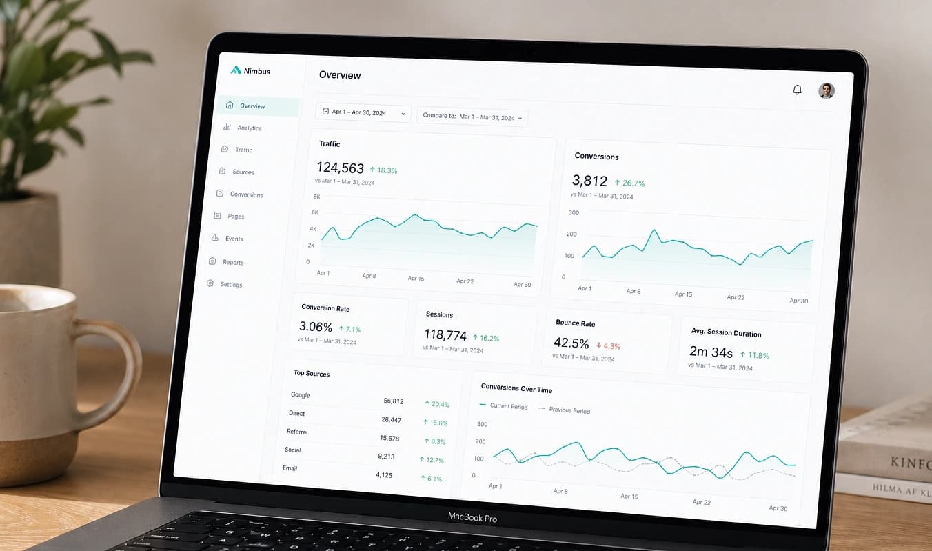 JMP-Dashboard analytics with traffic and conversion metrics (example data).