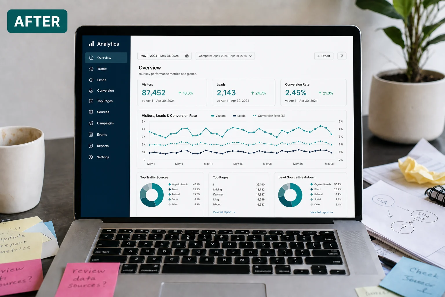 After: one analytics dashboard with clear traffic and conversion metrics.