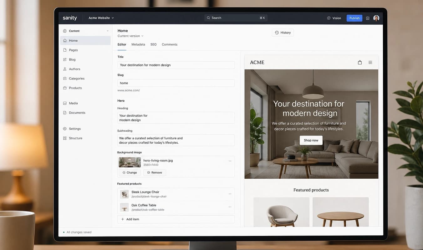 JMP build: clean structured content fields feeding a consistent page layout.