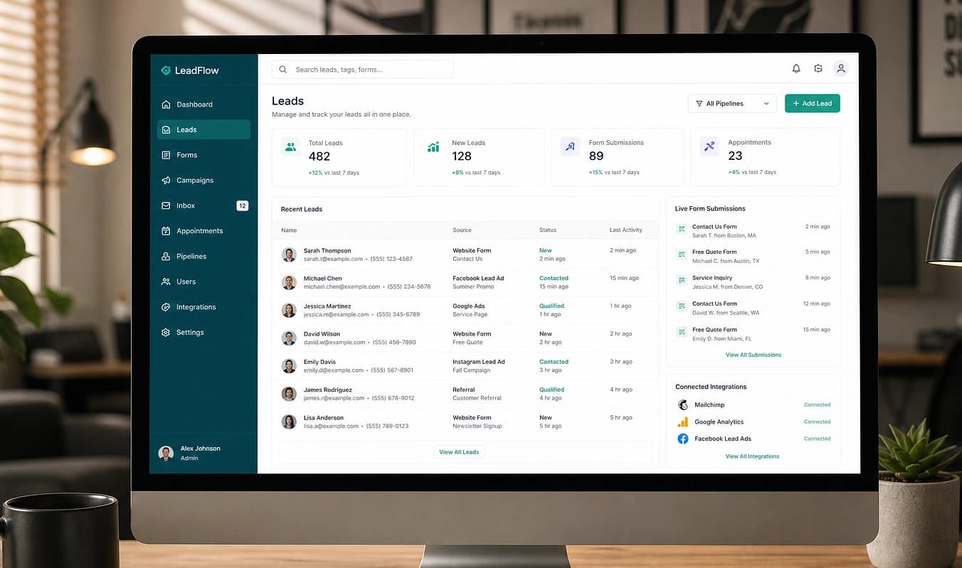 JMP build: leads from forms and email flowing into one connected dashboard.