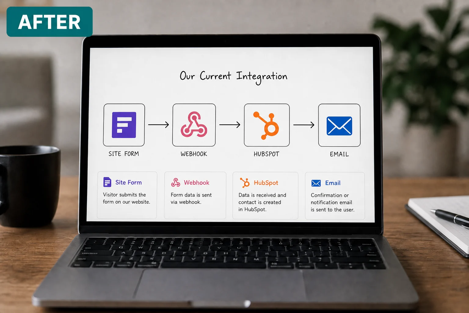 After: planned API connections between website, CRM, and email in one flow.
