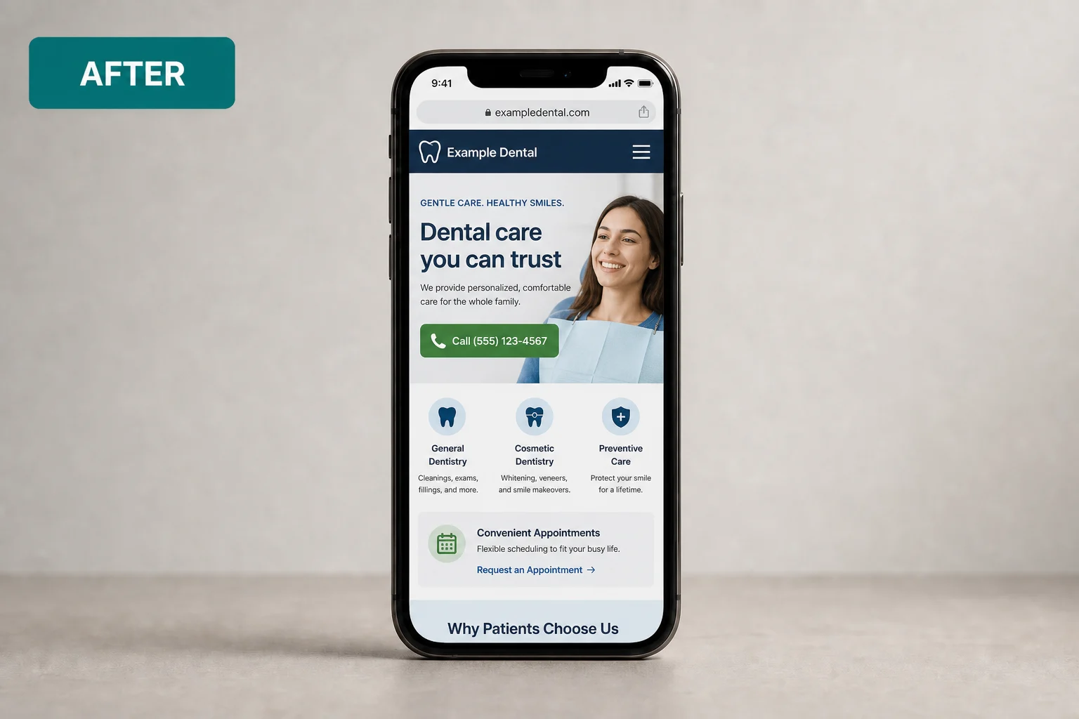 After: mobile layout with readable type and an easy-to-tap contact action.