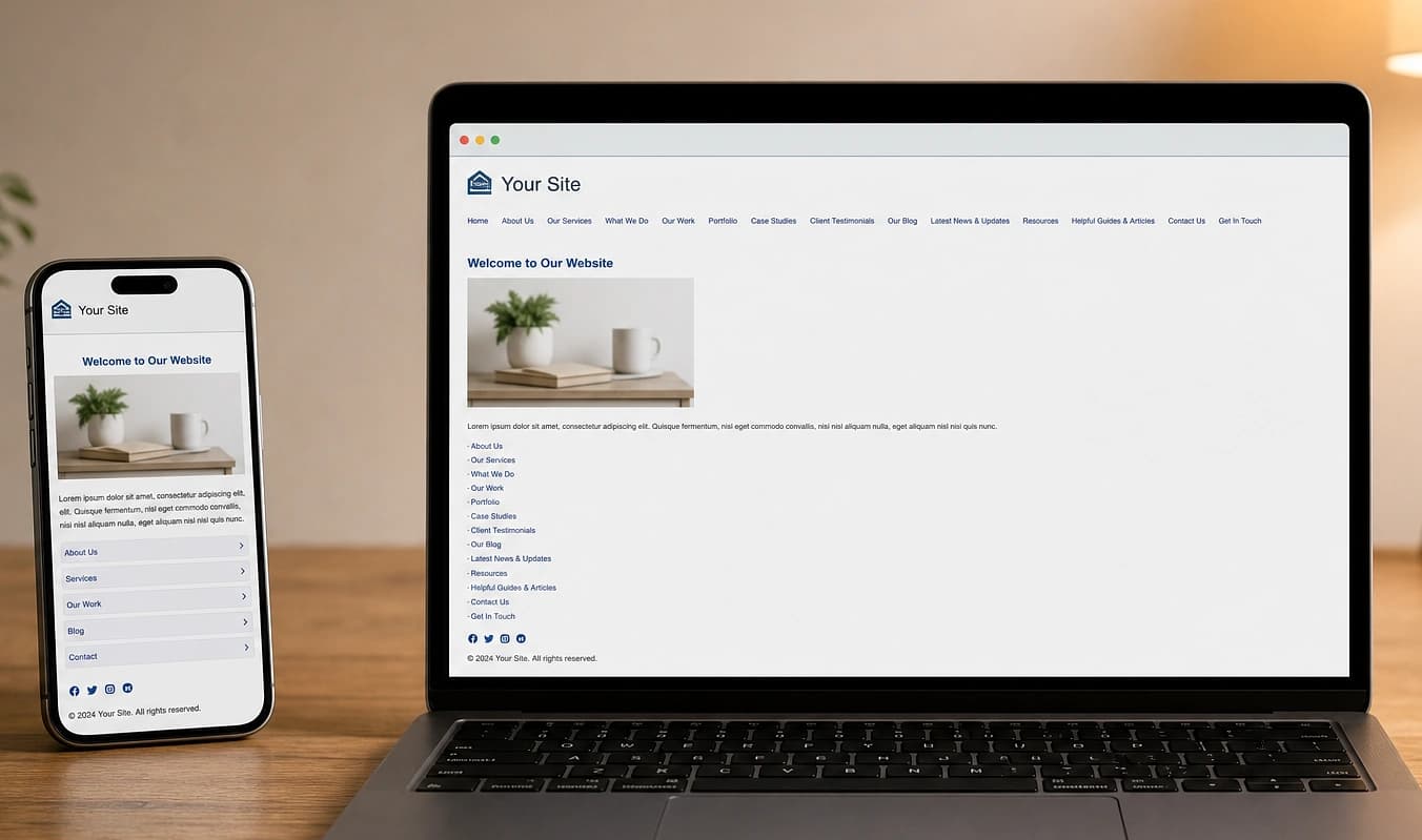 Configuración típica: vista móvil apretada de una página pensada para escritorio con enlaces diminutos.