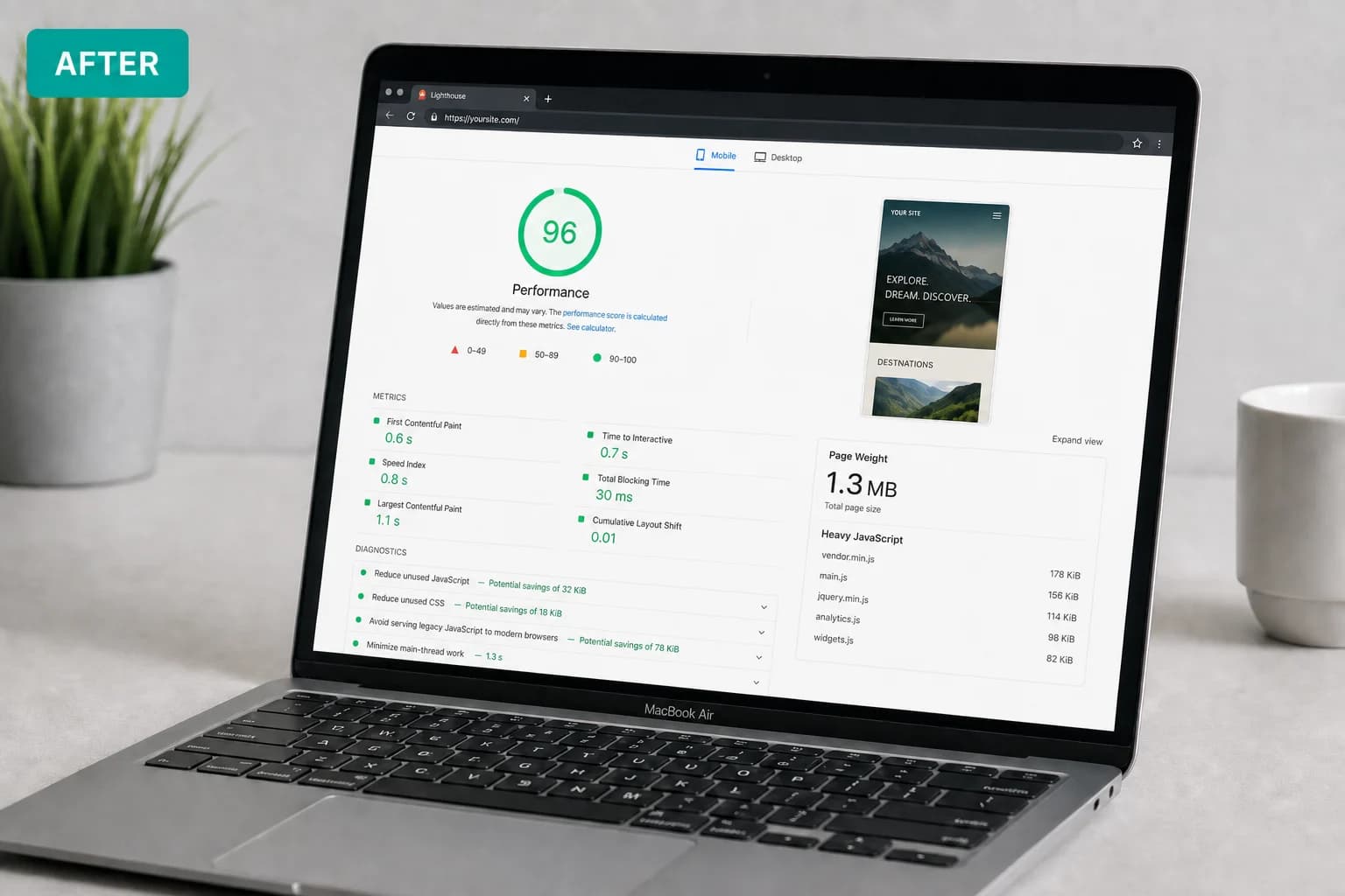 After: fast page load with strong performance scores and minimal scripts.