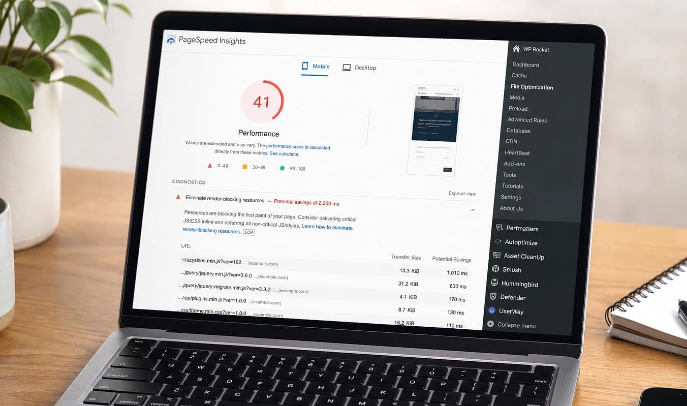 Configuración típica: sitio lento con scripts pesados, carruseles y plugins de optimización.