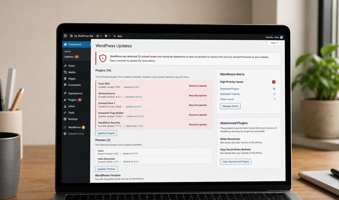 Configuración típica: admin grande de WordPress con muchos plugins que necesitan parches de seguridad constantes.