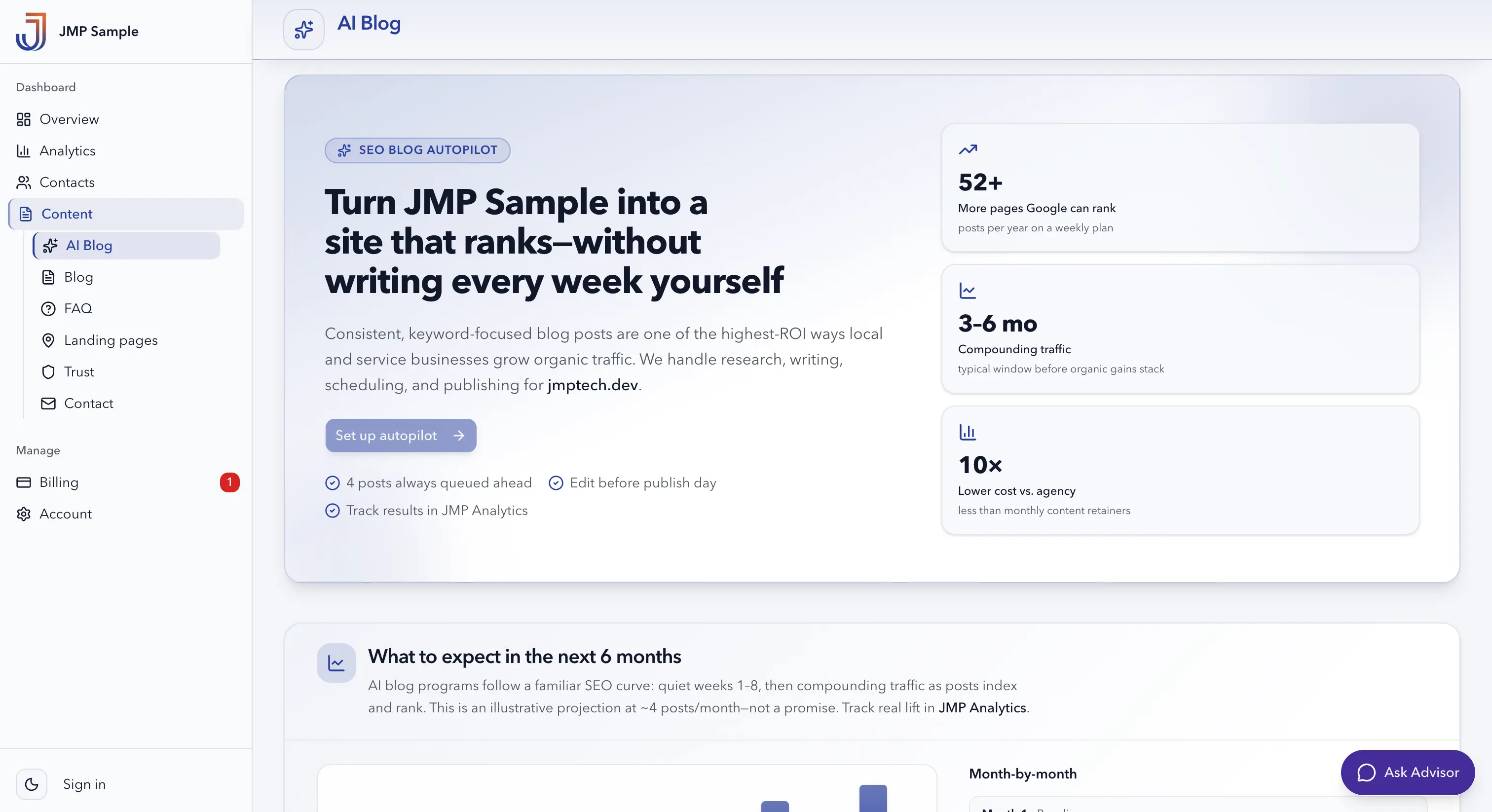 JMP Dashboard AI Blog autopilot setup