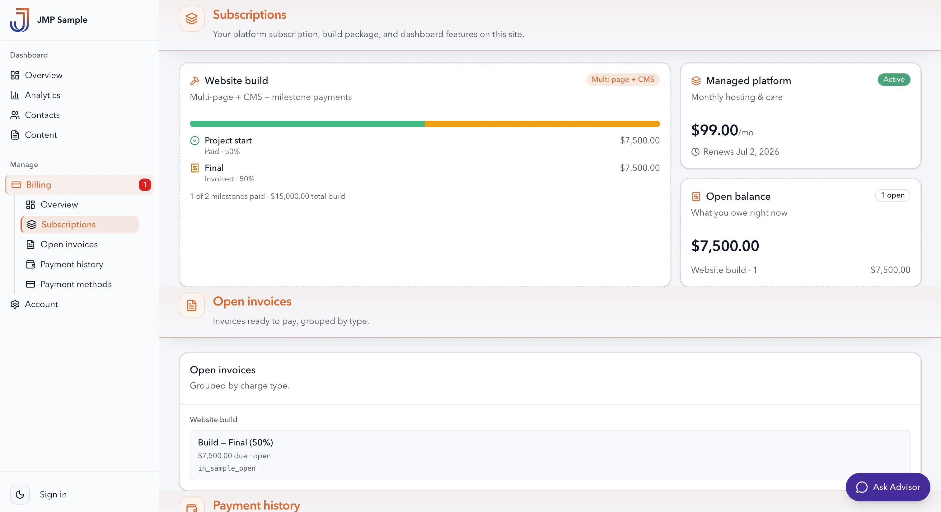 JMP Dashboard billing — subscriptions and milestones
