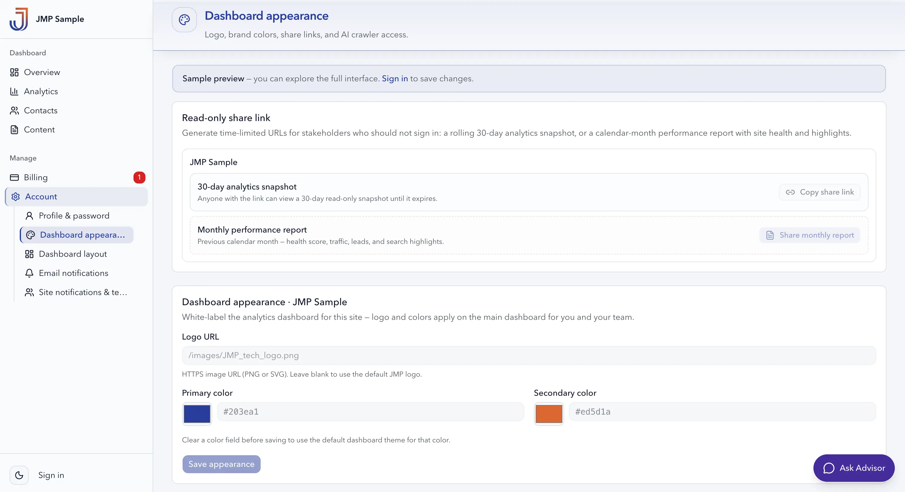 JMP Dashboard appearance — logo and brand color settings for JMP Sample