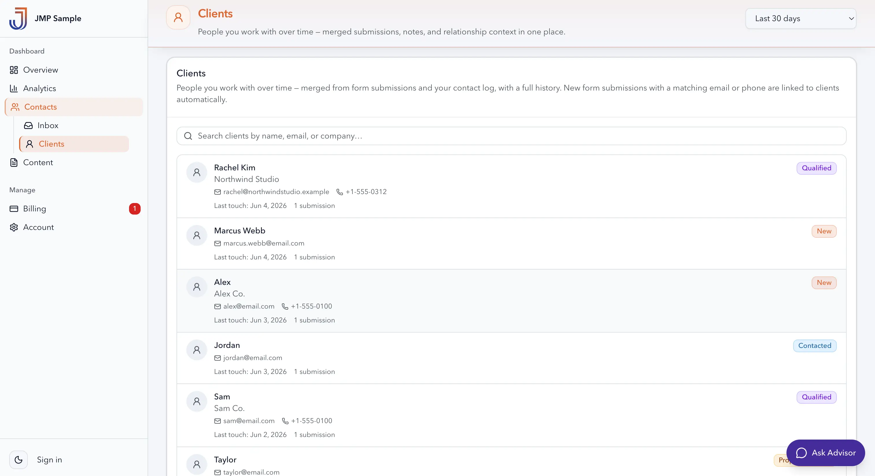 JMP Dashboard contacts — client list and submission history