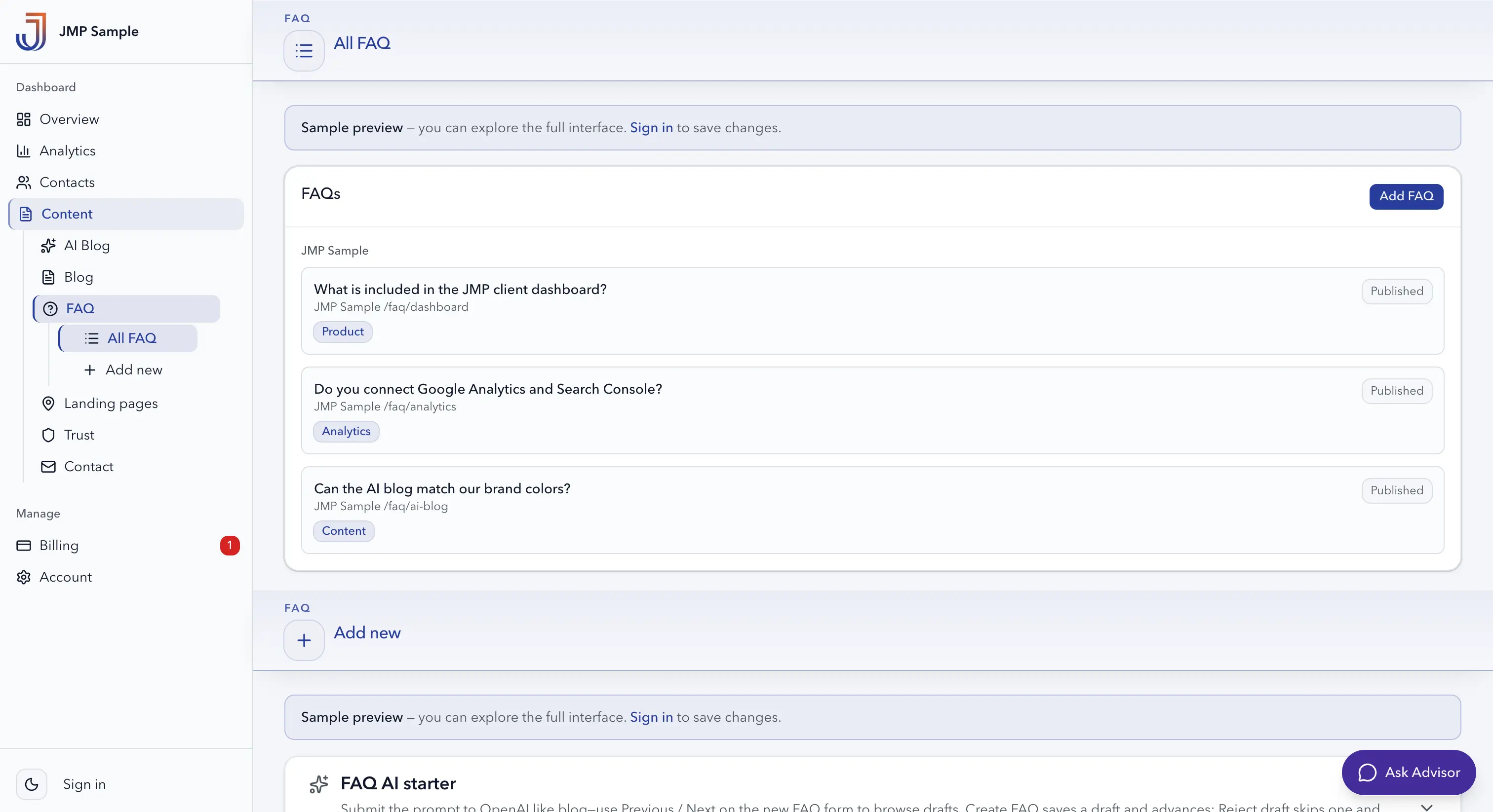 JMP Dashboard content — FAQ management